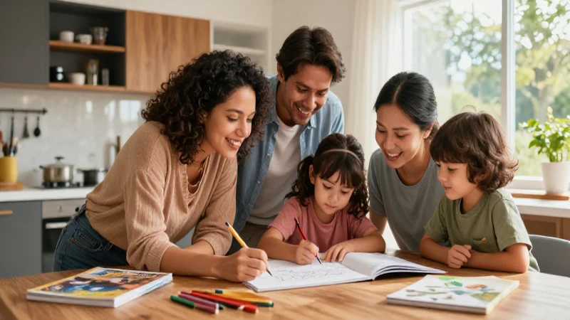 Familia diversa dibujando junta en casa
