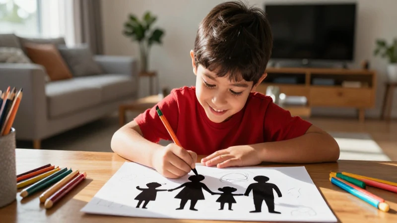 Niño mexicano dibuja silueta familiar con estilo vibrante