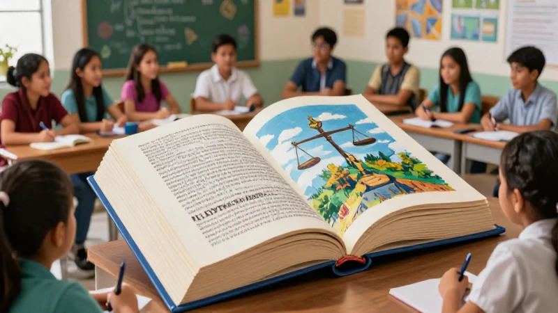 Estudiantes mexicanos en clase, libro de leyes monumental