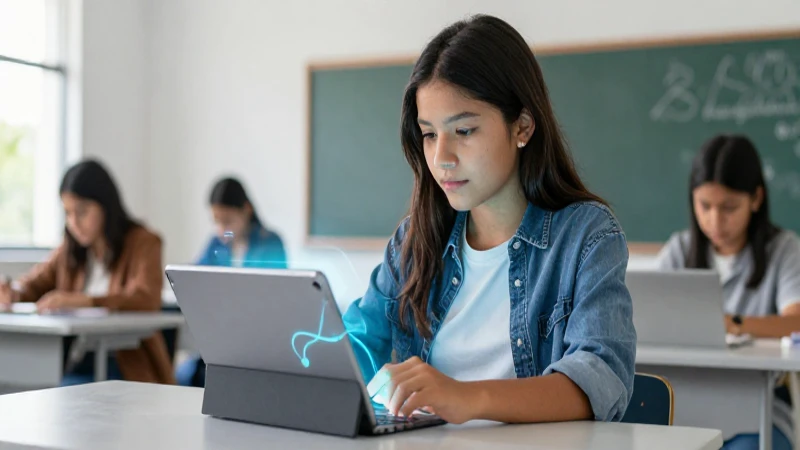 Estudiante mexicano digital en un aula moderna