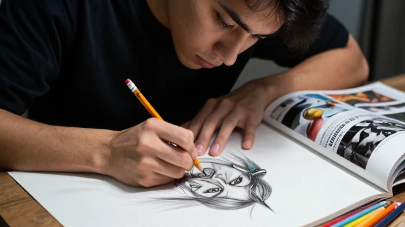 Joven artista dibuja con concentración extrema