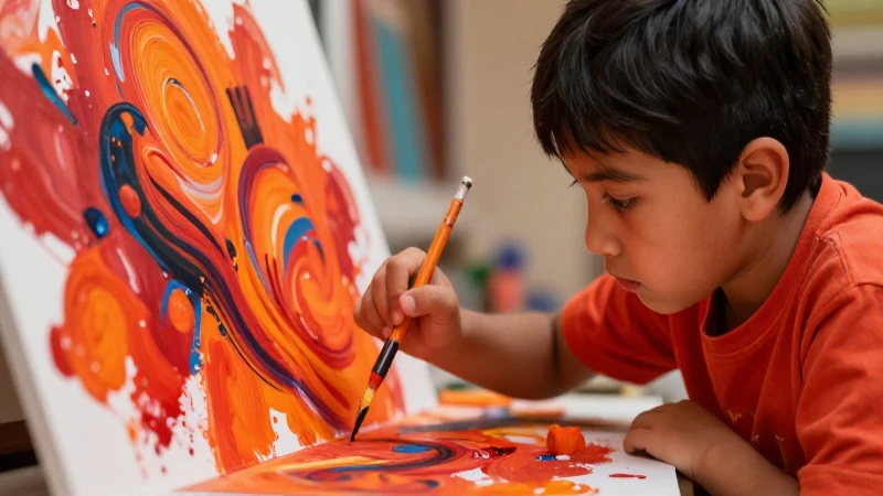Niño mexicano pinta abstracción vibrante con colores cálidos