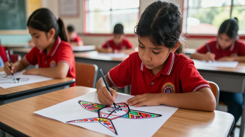 Estudiante dibuja barriletes en clase vibrante