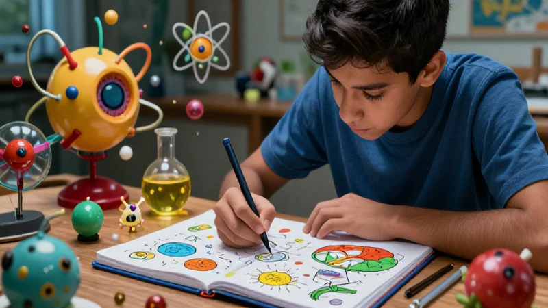 Estudiante mexicano dibuja diagrama científico vibrante