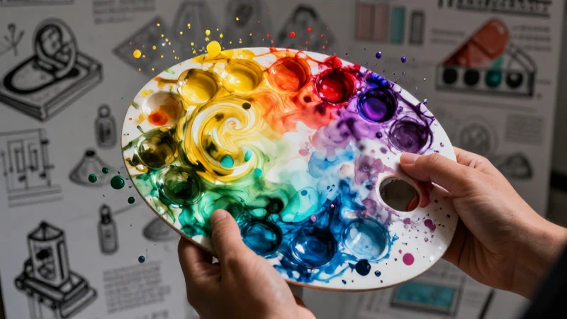 Ilustrador sostiene paleta con trazos artísticos