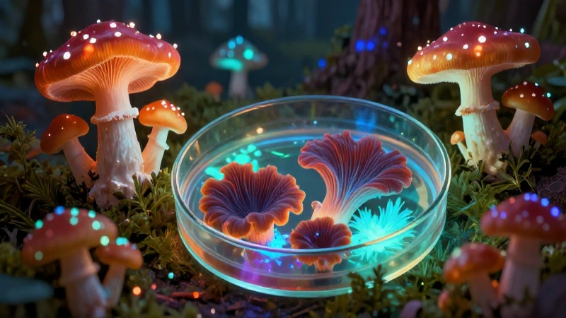 Hongos bioluminiscentes, ilustración gourmet detallada