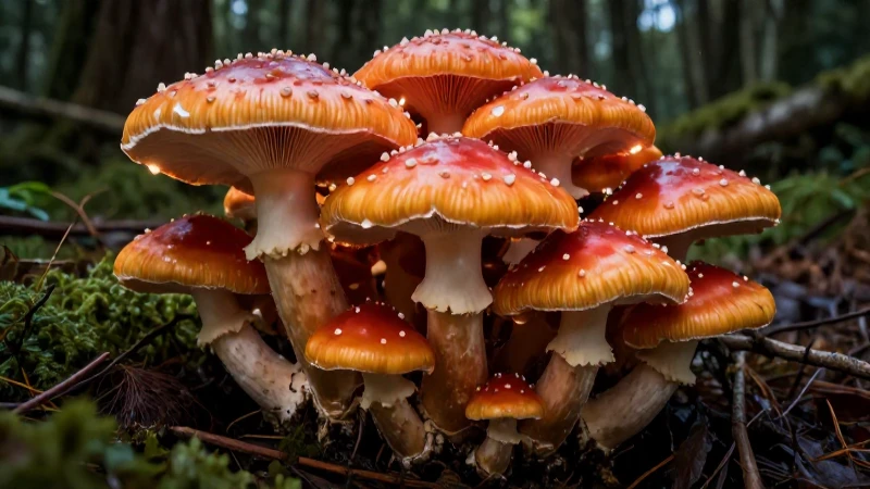 Fungos exóticos vibrantes en bosque detallado