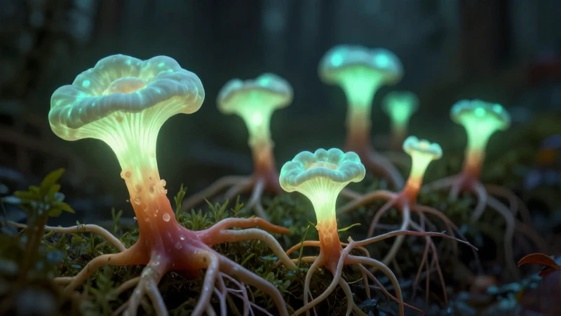 Red micorrízica bioluminiscente y raíces entrelazadas