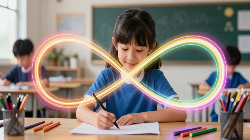 Estudiante dibuja infinito vibrante con luz intensa