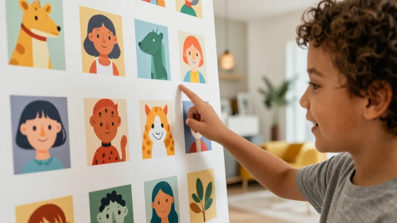 Niño feliz interactúa con iconos educativos modernos