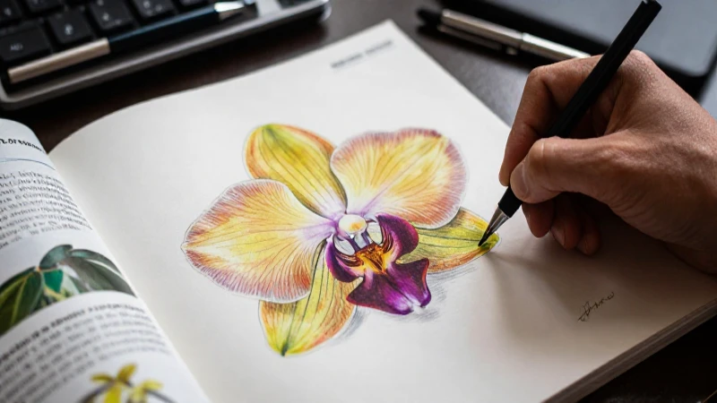 Ilustración botánica detallada y vibrante de una orquídea