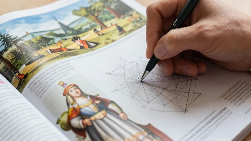 Ilustración detallada de bocetos históricos y geométricos