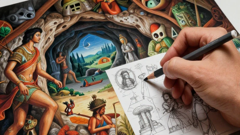 Dibujo de la mano sobre arte antiguo y moderno