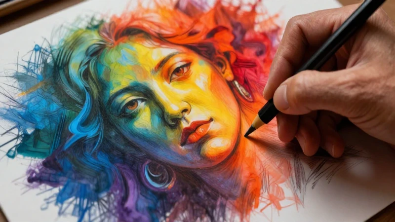 Dibujo profesional con contraste de colores cálidos y fríos