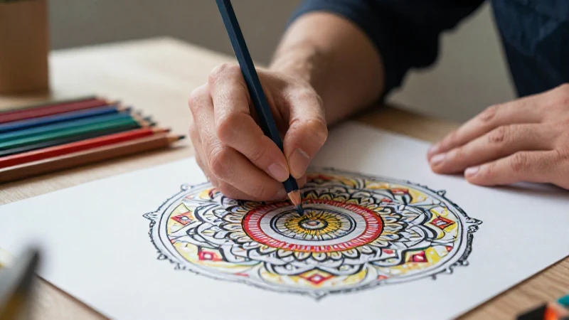 Mano dibujando mandala simétrico con colores vibrantes