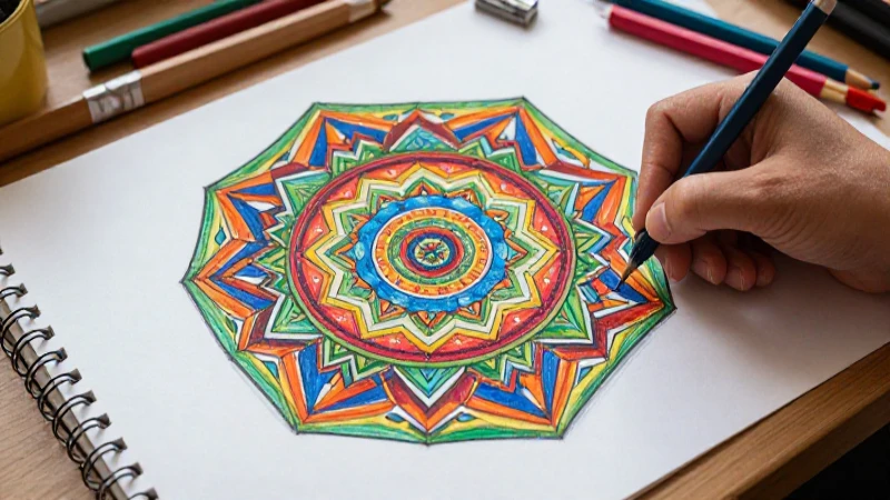 Mandala geométrico vibrante en escritorio minimalista