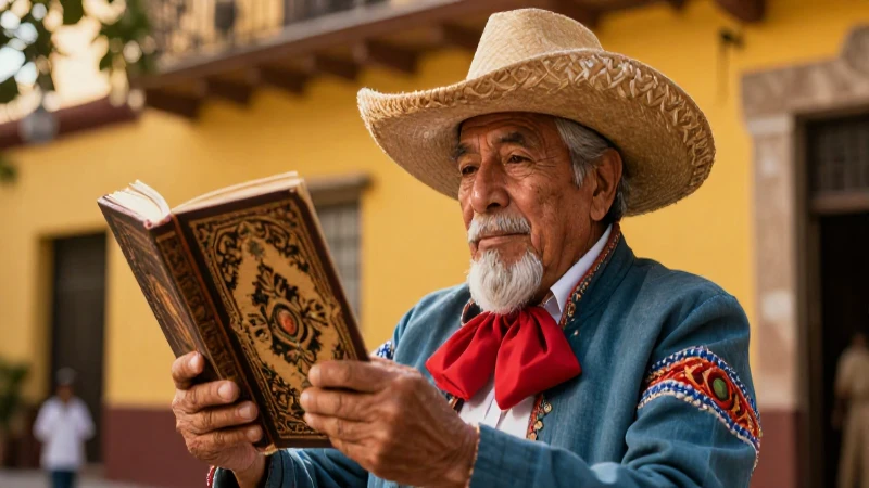 Sabio anciano mexicano con libro en escena