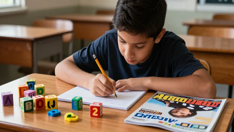 Estudiante mexicano enfocado en tarea en un escritorio colorido