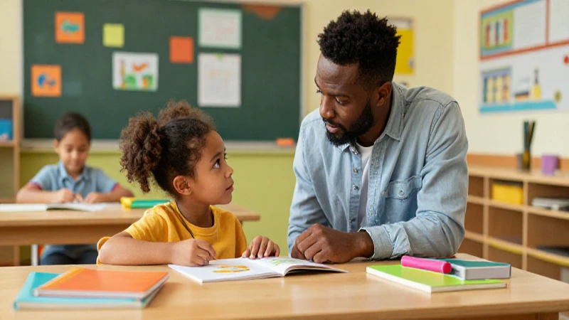 Maestra guía a niño en aula moderna
