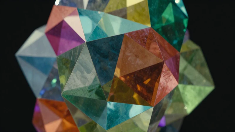 Estructura geométrica cristalina con colores vibrantes y diseño moderno