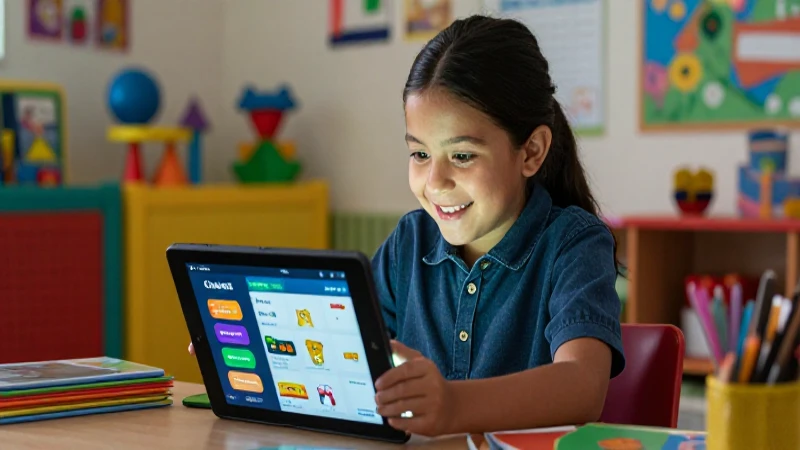 Niño mexicano sonriente aprende con tableta y colores