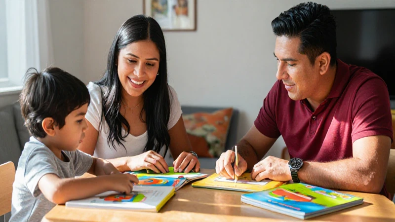 Familia mexicana feliz aprendiendo juntos