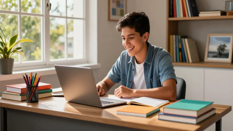 Estudiante alegre en aprendizaje con luz cálida