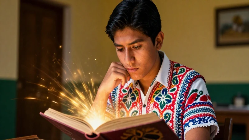 Estudiante mexicano contemplando conocimiento antiguo