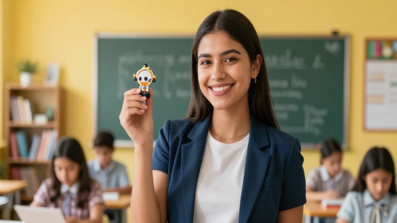 Joven educadora sonríe en aula moderna vibrante