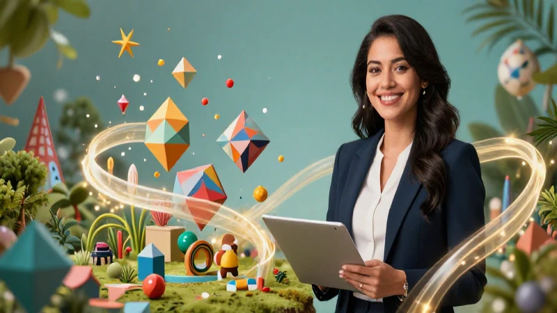 Profesora latina alegre con geometría ilustrada