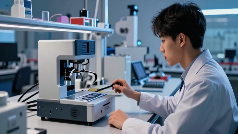 Estudiante analiza datos en laboratorio profesional