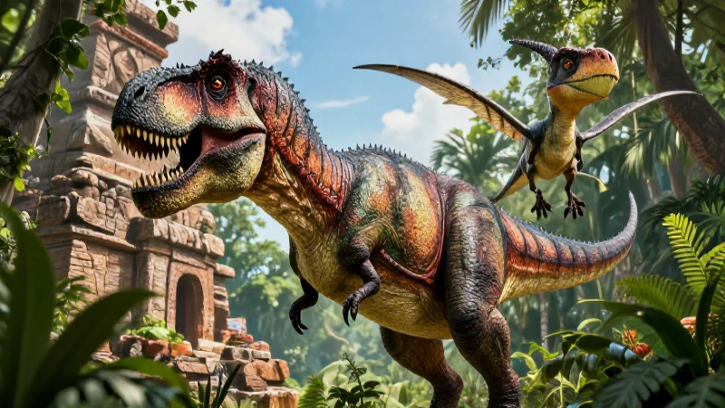 Dinosaurios: origen, tipos, características y extinción 8 T-Rex y pterodáctilo dinámicos en jungla mesoamericana