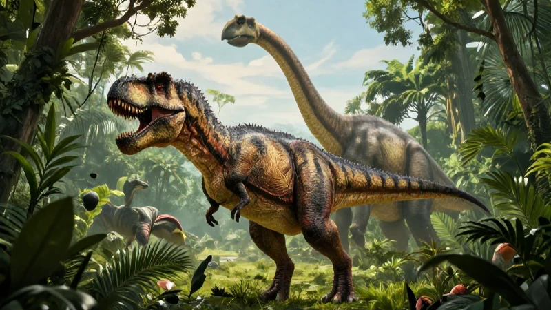 Dinosaurios: origen, tipos, características y extinción 4 T-Rex y saurios en una selva vibrante