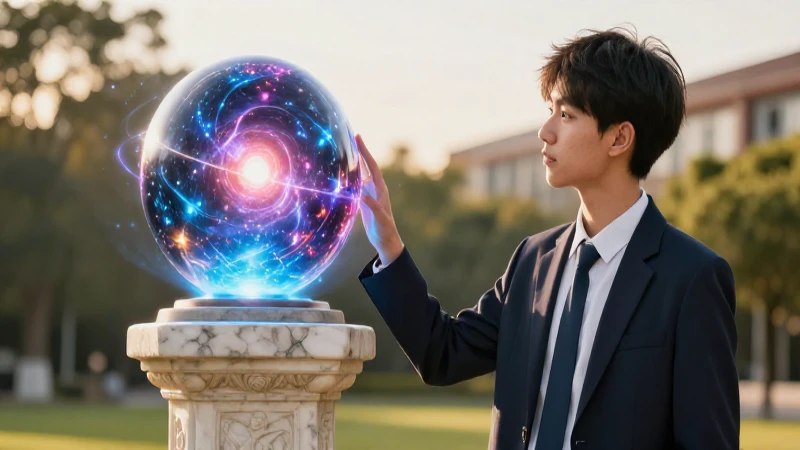 Estudiante reflexivo contemplando energía cósmica