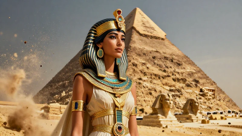 Diosa egipcia majestuosa con atuendo dorado y pirámide