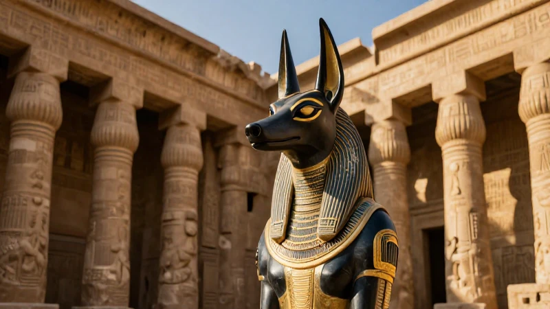 Anubis, dios chacal, en un templo egipcio