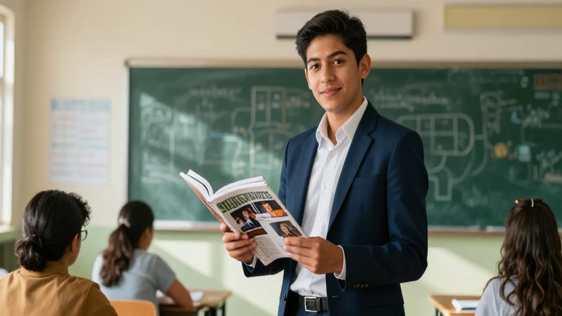 Educador mexicano apasionado en aula moderna