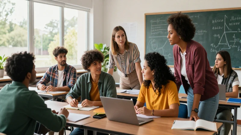Profesores colaborando dinámicamente en un aula vibrante