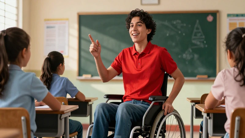 Joven guatemalteco con discapacidad en aula moderna