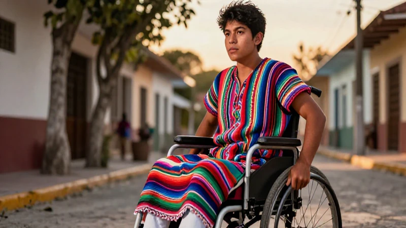 Joven en silla de ruedas con textiles guatemaltecos vibrantes