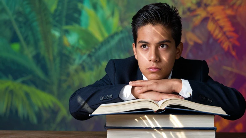 Joven mexicano profesional con libros y luz ética