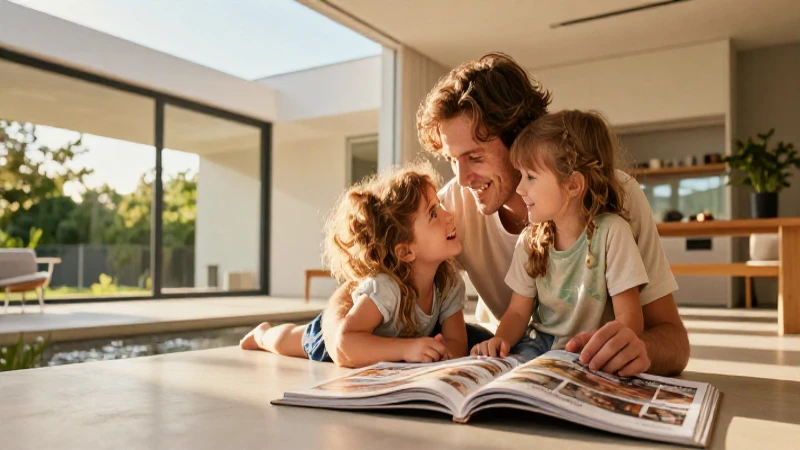 Hogar moderno, familia feliz, luz cinematográfica y cálida