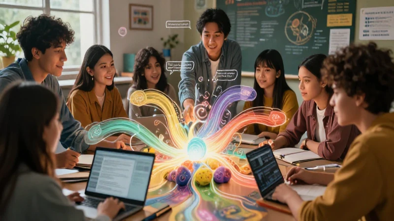 Estudiantes colaboran con conceptos abstractos educativos