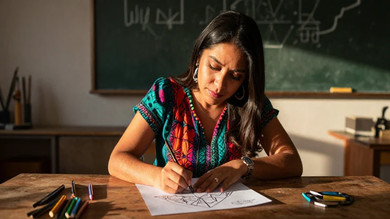 Maestra mexicana creativa dibuja diseño en luz dorada