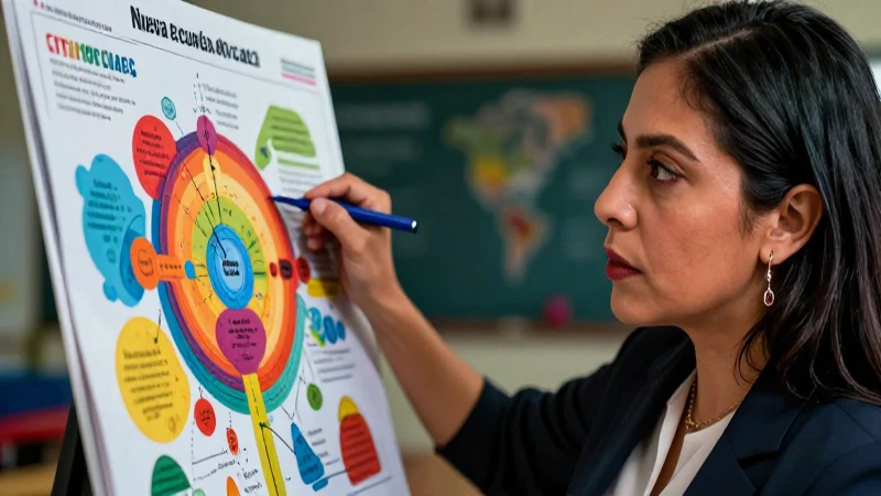 Maestra mexicana analizando currículo vibrante