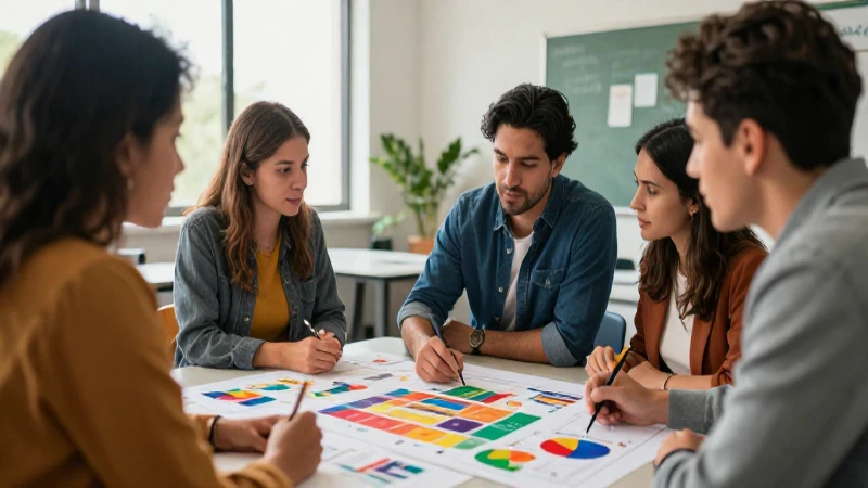 Profesionales colaboran en diseño educativo vibrante