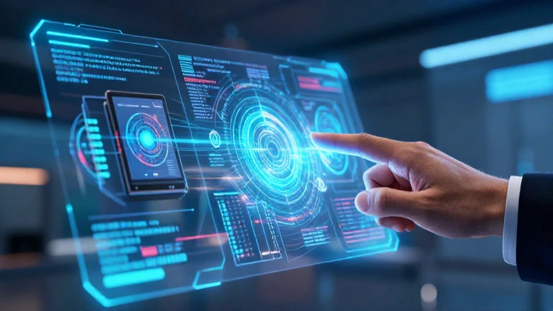Manos con interfaz holográfica futurista