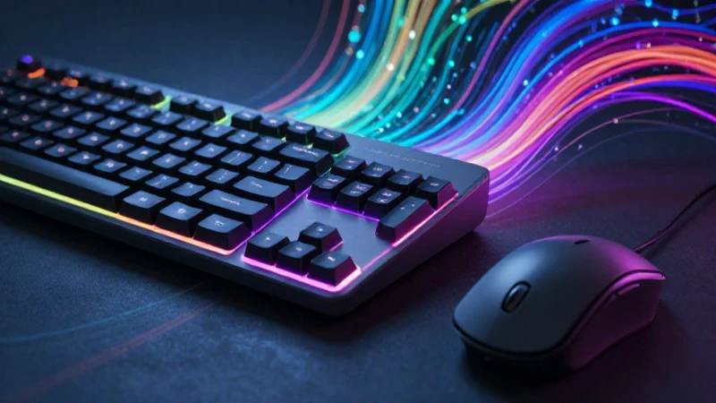 Teclado y ratón modernos con datos abstractos vibrantes