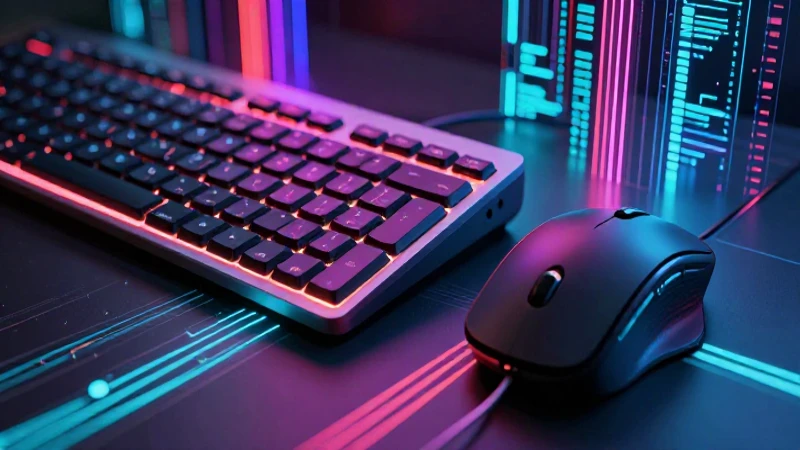Teclado y mouse vibrante rodeado de datos