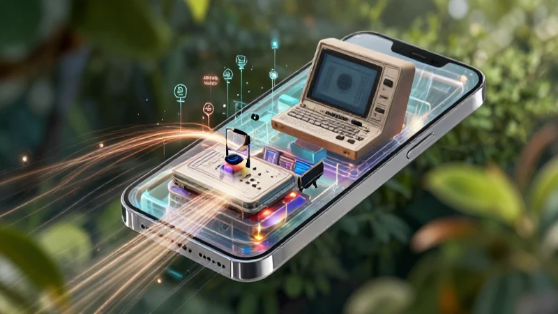 Teléfono futurista y tecnología clásica en una sola imagen